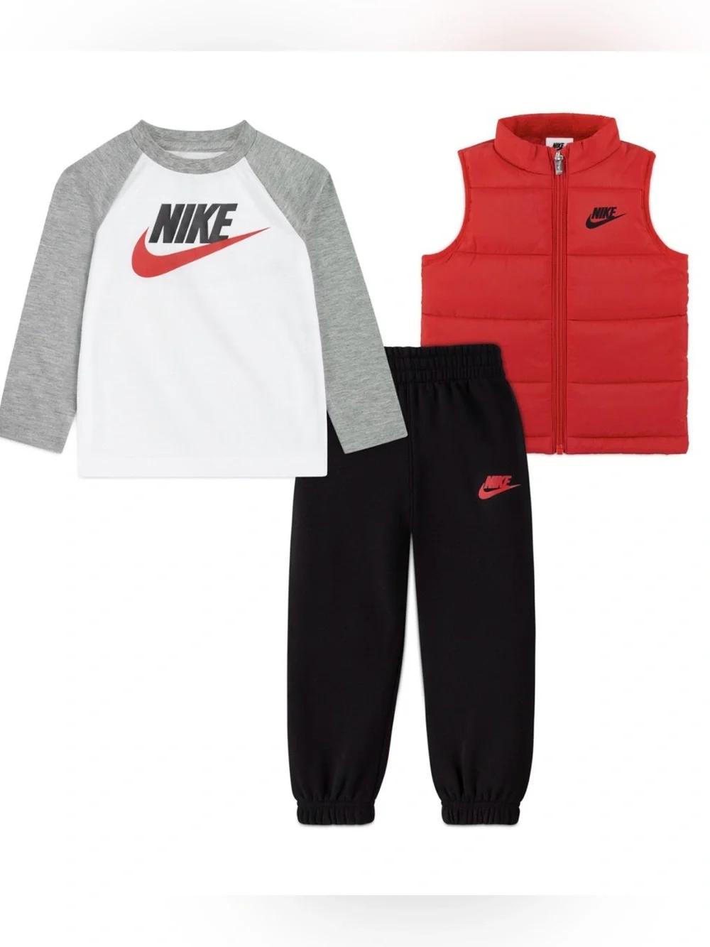 Nike Red Puffer Vest, Black Joggers & Grey-White Raglan Top Toddler Set, Size 4